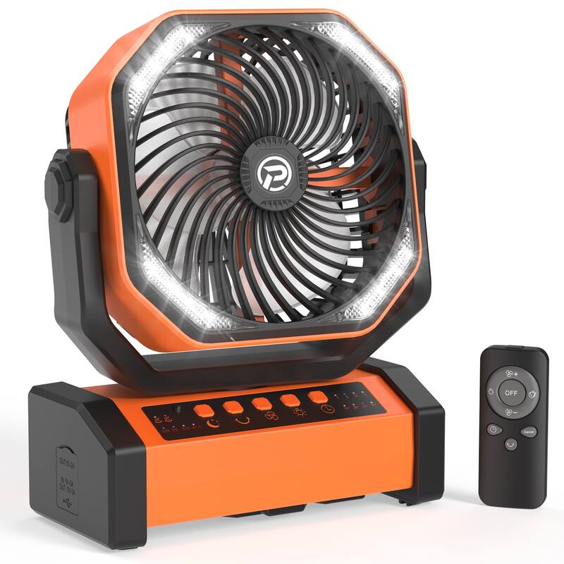 4 Powerful Speeds 20000mAh Battery Operated Camping Timer Fan with LED - Orange