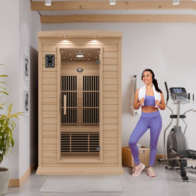 SaunaSpa 2-Person 1.8KW Carbon FAR Infrared Infrared Hemlock Wooden Indoor Home Sauna Room with LED Touch Control Panel