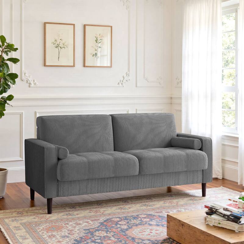 Modern Corduroy Upholstered Loveseat with Bolster Pillows and Wood Legs - Light Grey