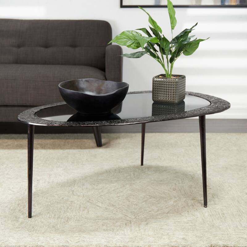 Black Aluminum Metal Abstract Oval Shaped Accent Table with Shaded Glass Top