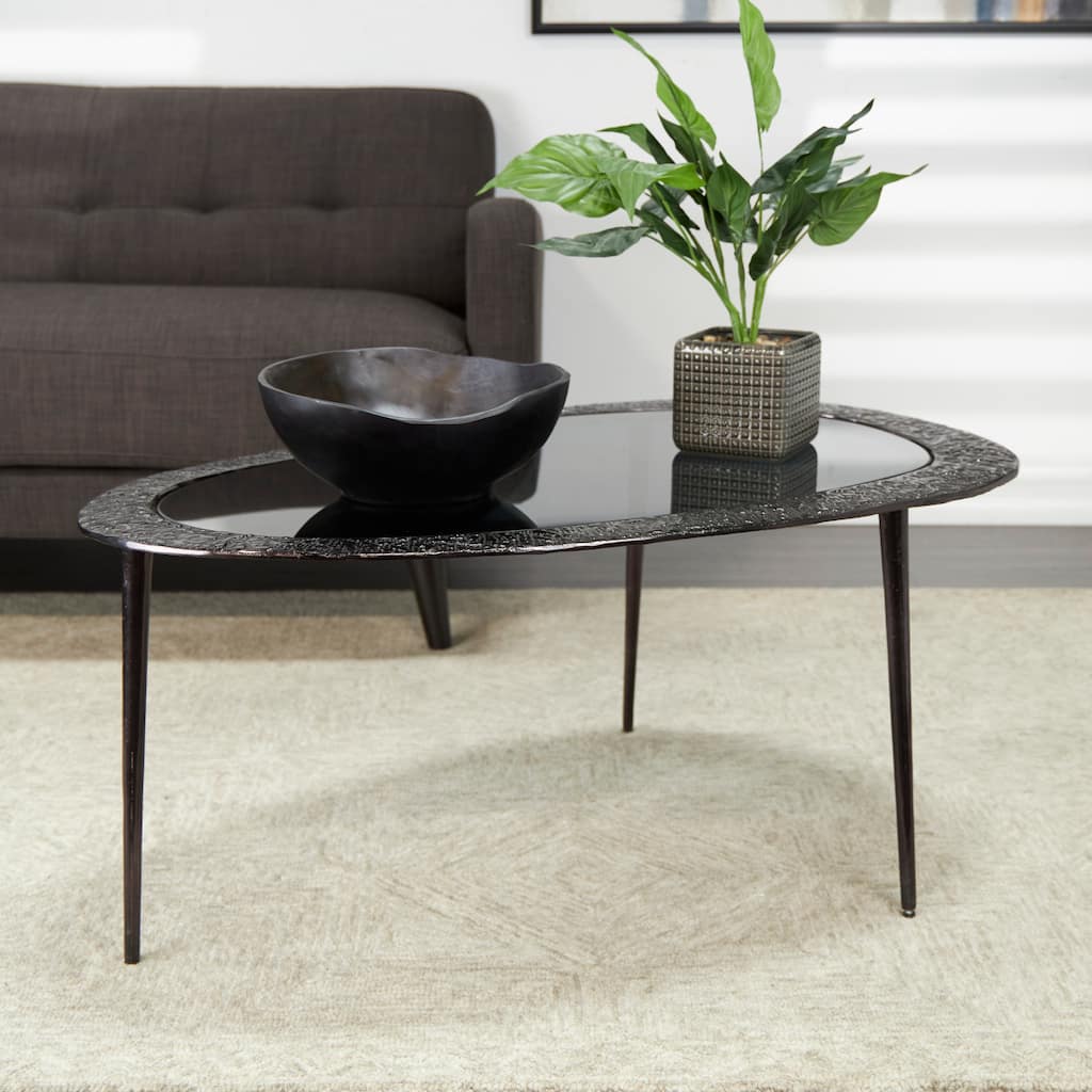 Black Aluminum Metal Abstract Oval Shaped Accent Table with Shaded Glass Top