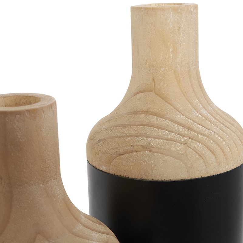 Wood Colorblock Decorative Vase with Light Brown Wood Tops - Set of 2 Black - Roche River Decor