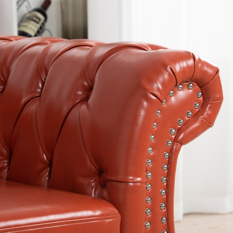 Chesterfield PU Leather 3 Seater Sofa, Button Tufted Deep Seat Sofa, Upholstered Sofa with Rolled Arms & Nailhead Trim