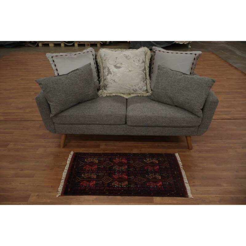 Hand Knotted Oriental 100% Wool Carpet Traditional Geometric Red Balouch Area Rug - 3' 7'' X 1' 10''