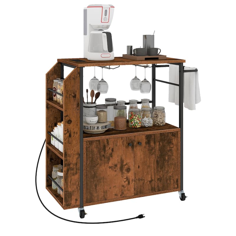 Rolling Portable Kitchen Island Cart With Storage Shelf & Power Outlet - Brown