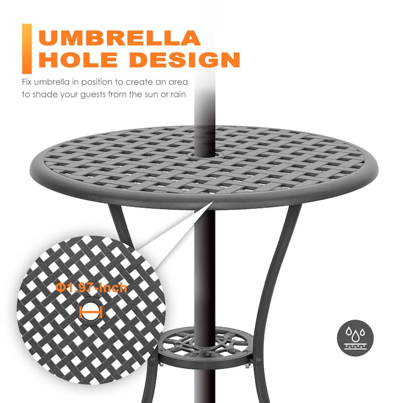 24 Inch Cast Aluminum Bistro Table and 2 Bistro Chairs with Grey Cushions - 24 inches round table
