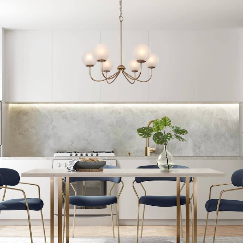 Modern Gold 6-Light Chandelier Wheel Globe Glass Light for Dining Room