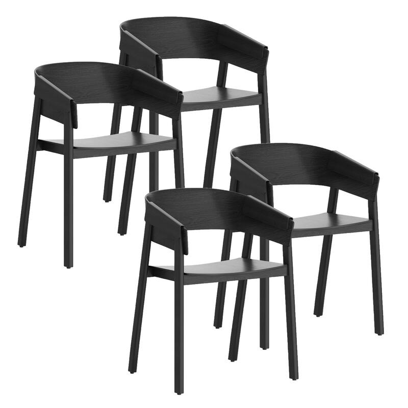 Mid-Century Modern Solid Wood & Oak Veneer Dining Chair, Set of 4 - Black