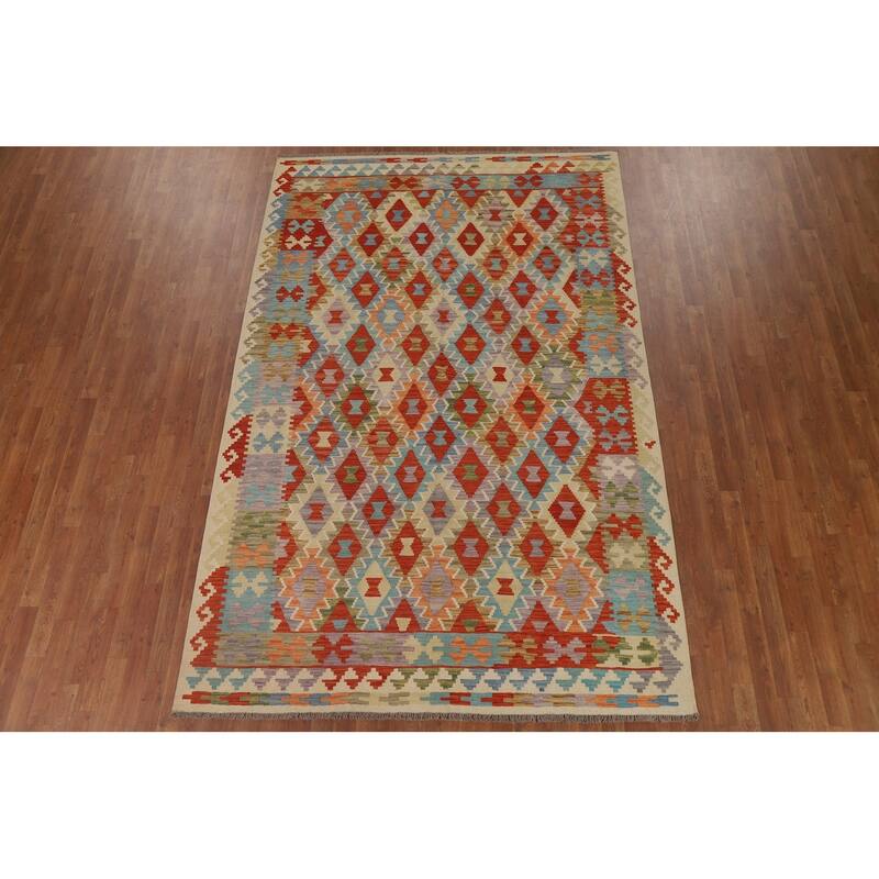 Hand Woven Oriental 100% Wool Carpet Southwestern All-Over Oranges & Rust Kilim Area Rug - 9' 10'' X 6' 5''