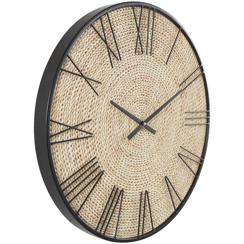 Brown Dried Plant Coiled Decorative Wall Clock with Black Metal Frame