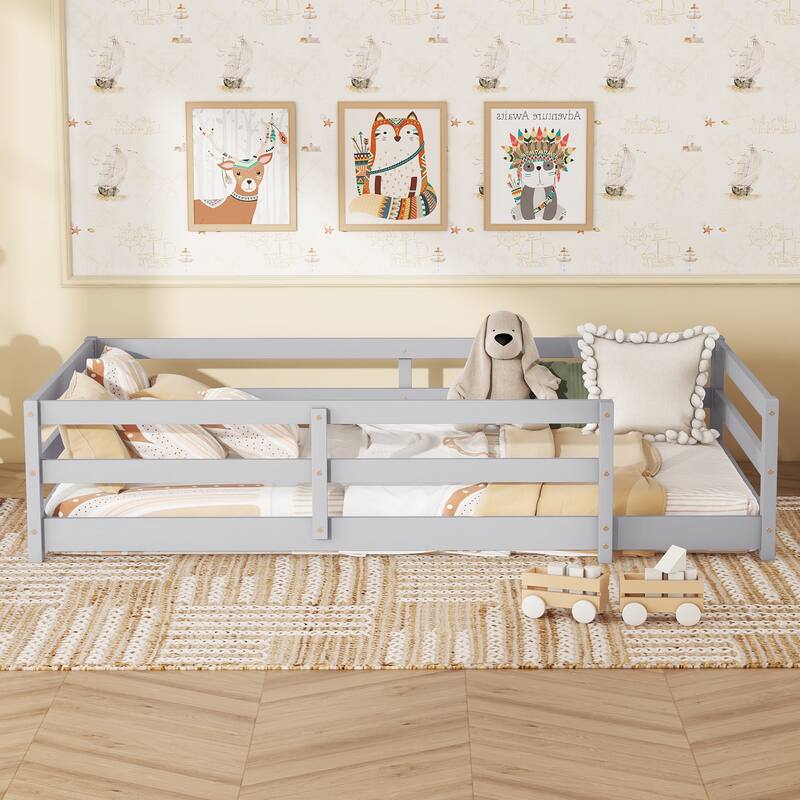 Twin/Full Montessori Floor Bed with Safety Fence - Wood Kids Floor Bed for Boys & Girls - Grey - Twin