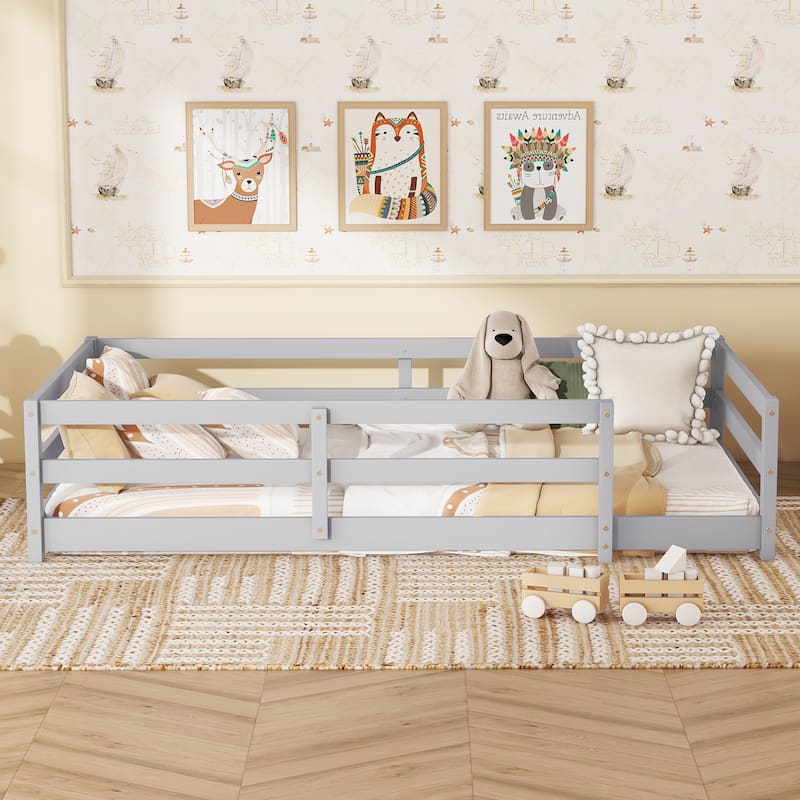 Twin Size Pine Wood Fenced Floor Panel Bed for Kids with No Box Spring Needed and Easy Assembly