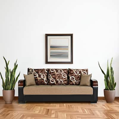 HomeRoots 87" Brown Polyester Convertible Futon Sleeper Sofa And Toss Pillows With Storage