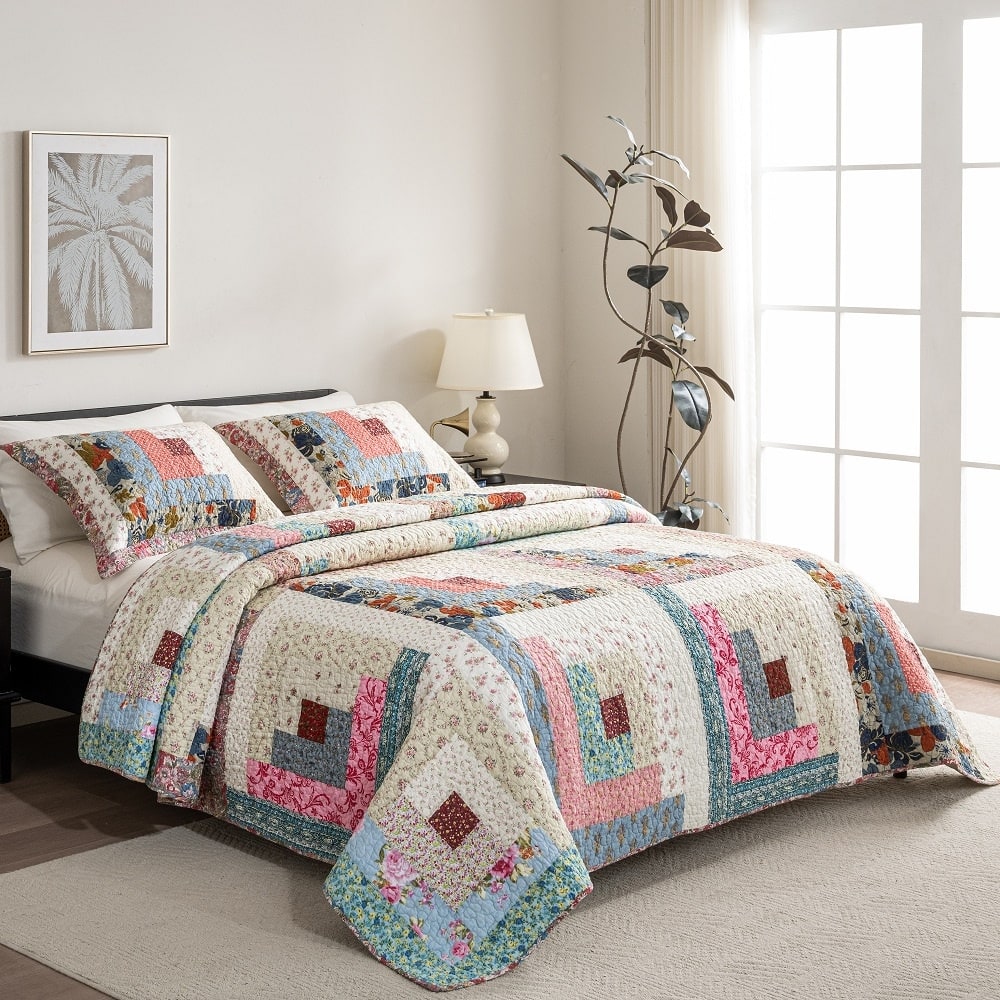 Genuine Hand Made Patchwork 100% Cotton Quilt Set 3 Pieces, Traditional Bedspread Set