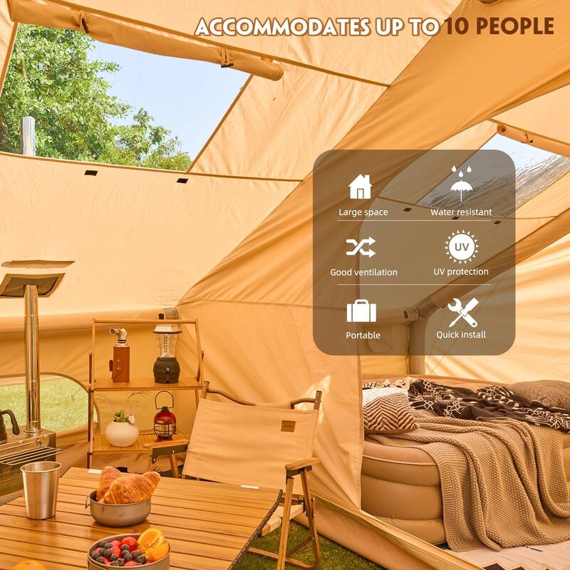 Erommy Inflatable Camping Tent, Glamping Tents 4 Season Waterproof Windproof Cotton Tent with Stove Jack & Mesh Windows & Pump