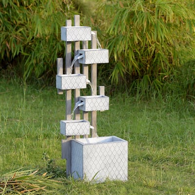 LED Lighted Geometric Outdoor Garden Water Fountain with Planter - 41.25"