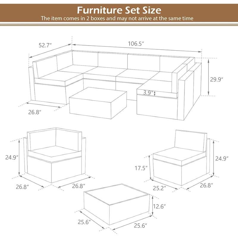AECOJOY 7 Piece Outdoor Patio Furniture Set, PE Rattan Outdoor Wicker Sectional Furniture Chair Set with Cushions and Tea Table