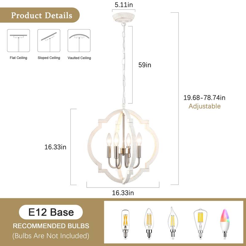 4-Light W16.34" x H78.74" Wooden Lantern Rustic Chandeliers for Dining Room