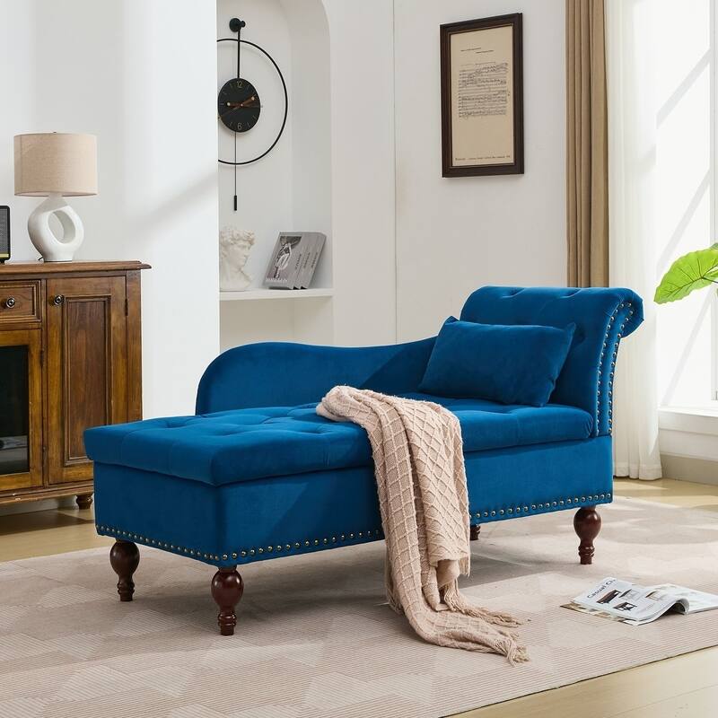 Velvet Chaise Lounge with a Storage Function, Tufted Cushions & Nailheads