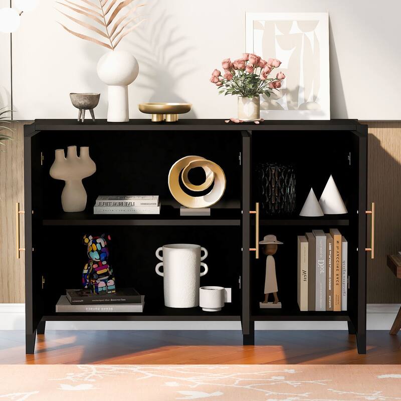 Stylish 3-Door Sideboard Buffet Cabinet with Vertical Pattern & Metal Handles for Hallway & Living Room - Black