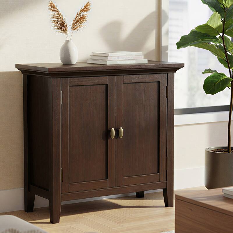 WYNDENHALL Mansfield SOLID WOOD 32 inch Wide Transitional Low Storage Cabinet - 32"w x 14"d x 31"h - Brunette Brown
