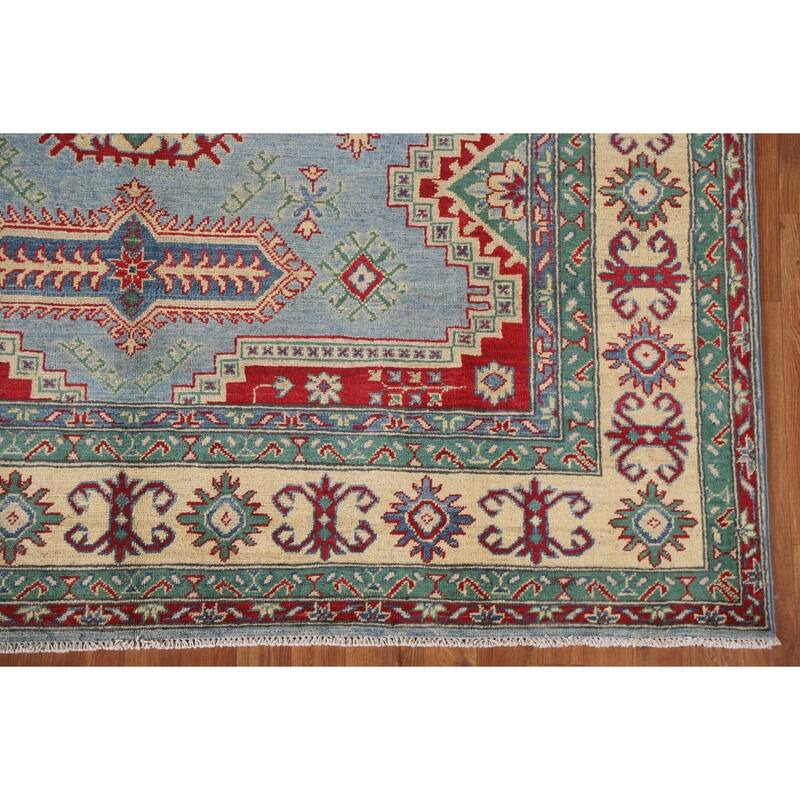 Hand Knotted Oriental 100% Wool Carpet Traditional Geometric Navy Blue & Blues Kazak Area Rug - 9' 9'' X 6' 6''