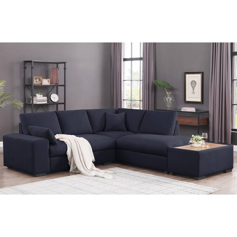 100"W Dark Gray Woven Fabric Sectional Sofa with Chaise, Console Ottoman & 2 Pillows