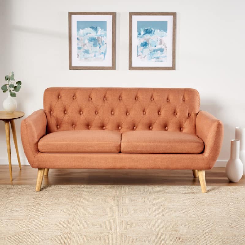 Roomfitters Mid-Century Loveseat Sofa, Upholstered Tufted Couch for Living Room, Modern Accent Seating, Burnt Orange