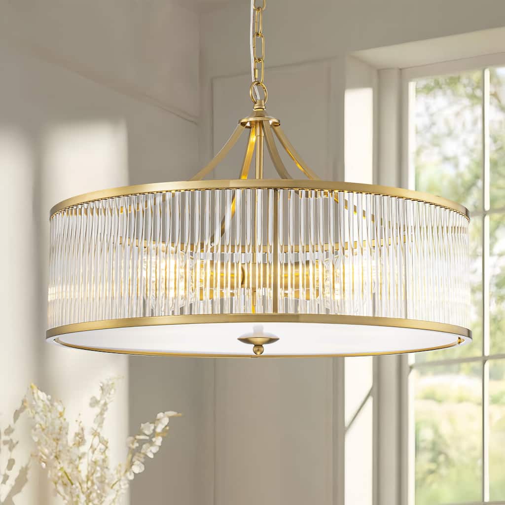 Rennnsan 4-Light Modern Glam Brass Glass Drum Pendant for Dining Room & Living Room - 23.6 in. W x 13.4 in. H