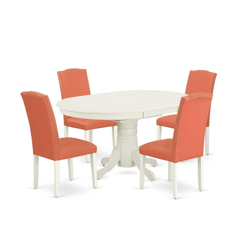 Art Deco Dining Set 5Pc Oval Table & 4 Chairs - Pink Flamingo Linen White Legs