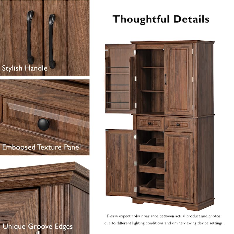 71"Tall Kitchen Pantry Cabinet with 3 Pull Out Cabinet Organizers,Embossed Texture Storage Cabinet with 6 Door Shelves,2 Drawers