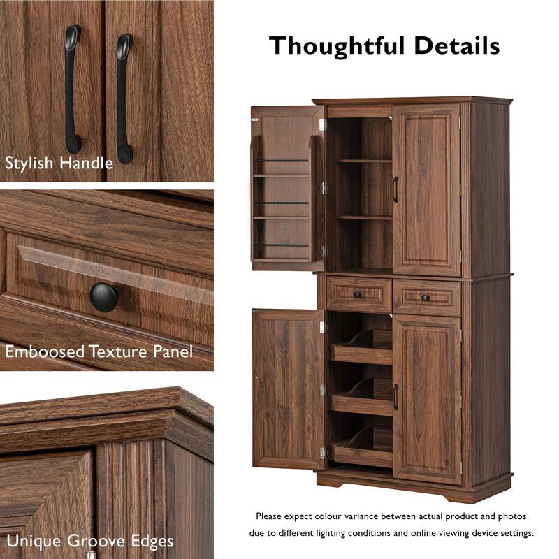 Kitchen Pantry Cabinet with 3 Pull Out Trays, Freestanding Buffet Cabinet with Adjustable Shelves, 2 Door Organizers & 2 Drawers