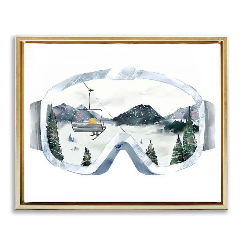 Stupell Ski Mountain Reflection in Sports Goggles Winter Forest Floater Frame - Grey - 31 x 25 - Gold