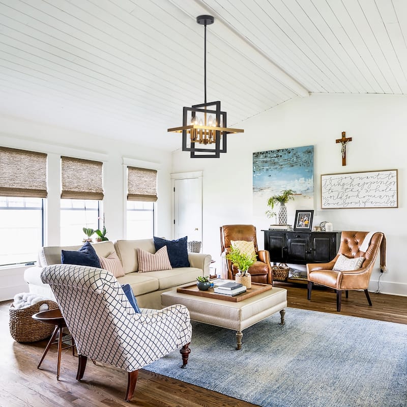 12.99" Wide 6-Light Semi Flush Mount Chandelier, Industrial Style Square Open Frame Pendant Light for Living Room