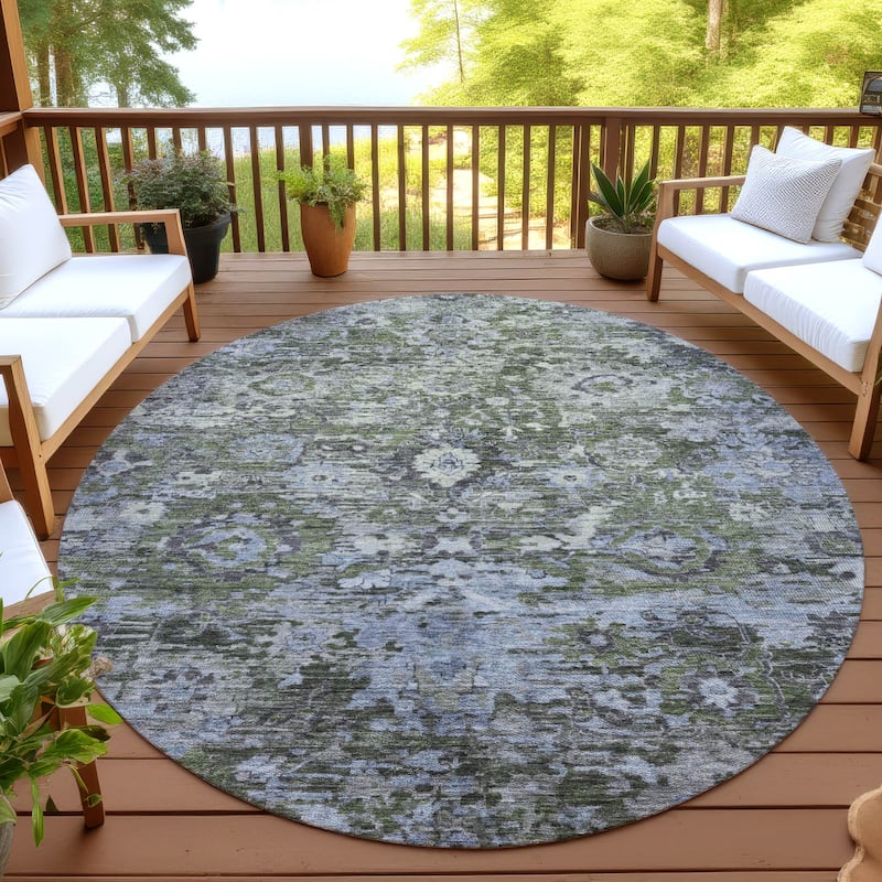 Machine Washable Indoor/ Outdoor Vintage Traditional Chantille Rug - Olive - 8' x 8'