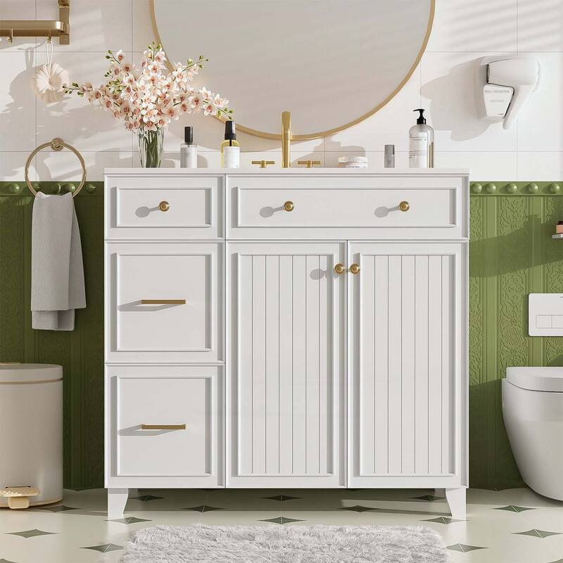 Stylish and Functional Bathroom Vanity with Ceramic Sink,Soft Close Doors,and Double-Layer Drawers for Modern Storage - White