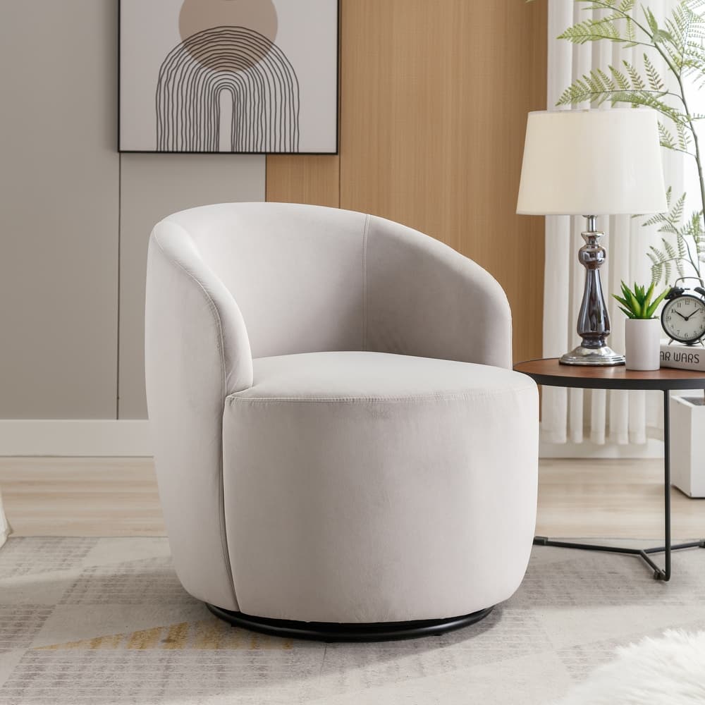 Velvet Swivel Barrel Chair with 360° Black Metal Base