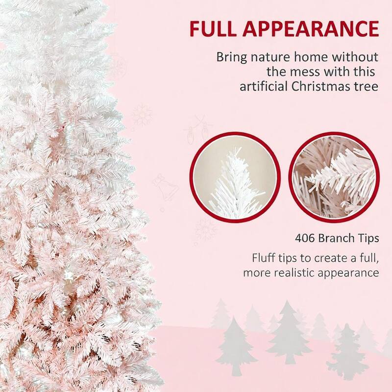 Tall Pencil Fir Artificial Christmas Tree - Realistic Branches, Steel Base - Pink,White