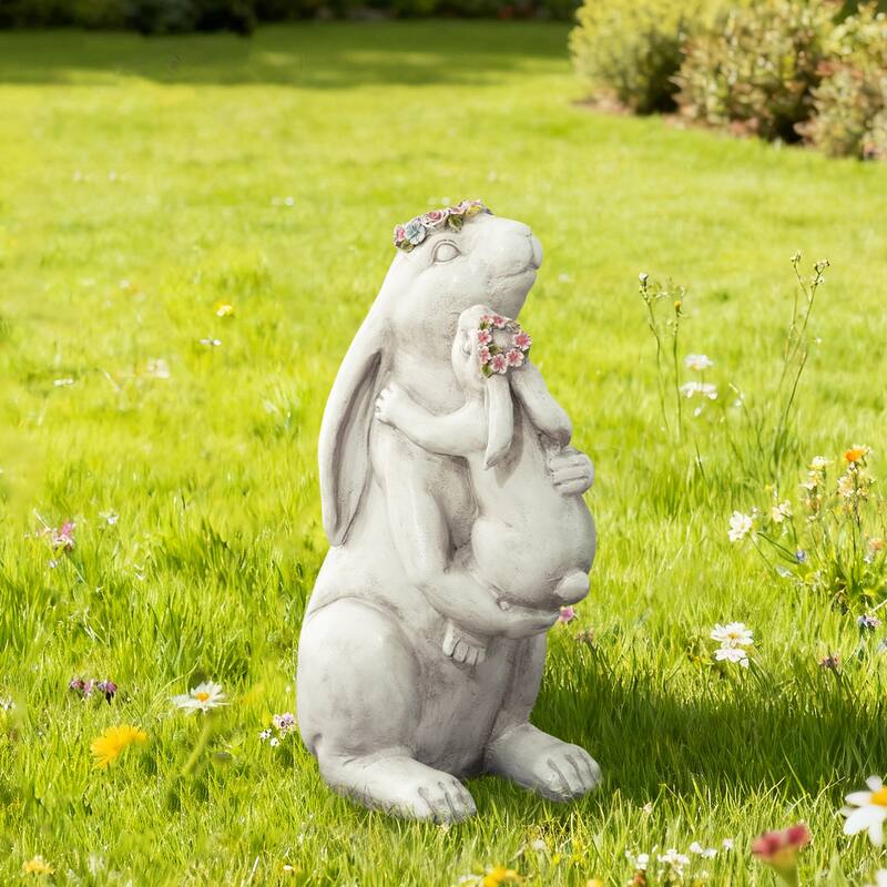 Glitzhome MGO Cute Sitting Bunny Hugging Mom and Baby Rabbit Garden Statue Indoor Outdoor Decoration