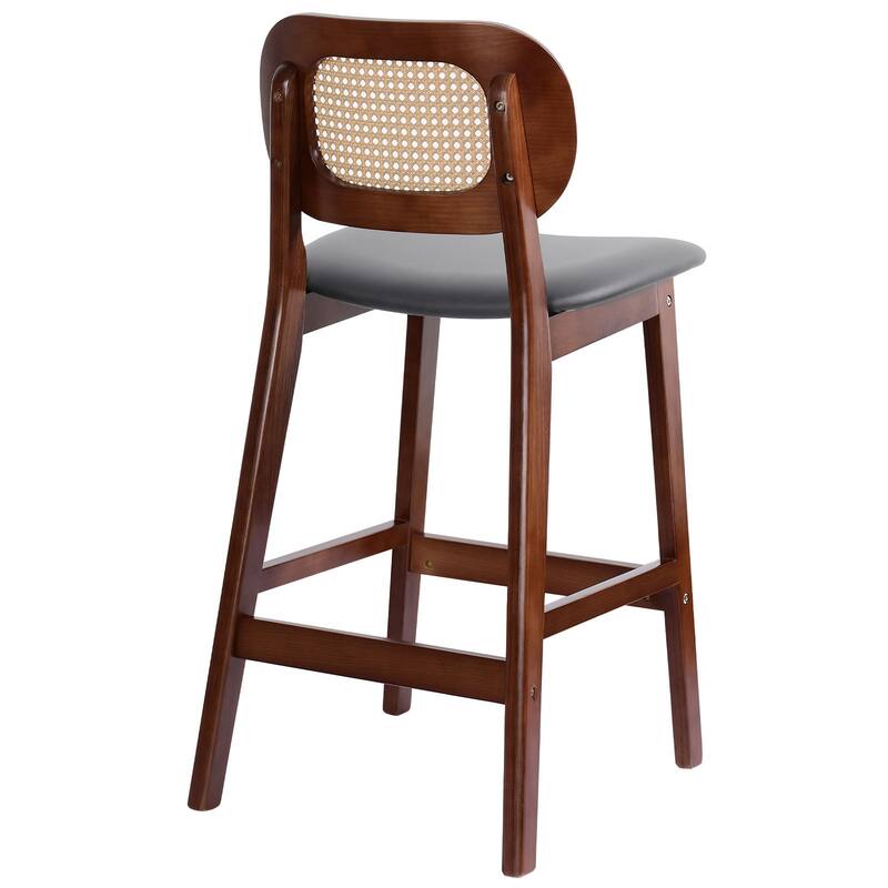 Wood Upholstered Counter Height Bar Stools with Rattan Back - 36.81"H x 17.72"W x 18.7"D
