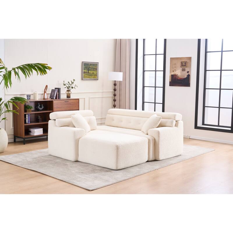 Combining Chaise Longue With 3-Seater, Wood Grain Chenille Fabric, Full Sponge Compression Sofa,Combined Sofa With 2 Pillows