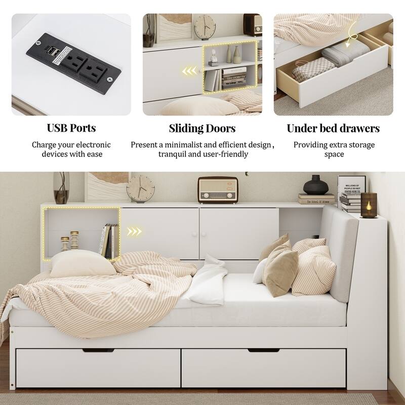 Wooden L-shaped Daybed Corner Bed with Storage Bookcase and USB Charging Ports