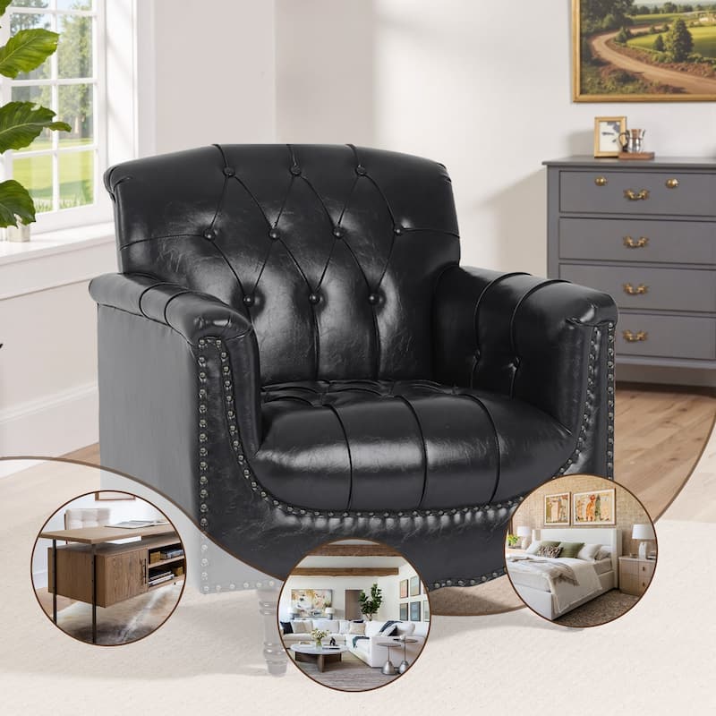 Set of 2 Tufted Vegan Leather Armchairs with Nailhead Trim and Wood Frame