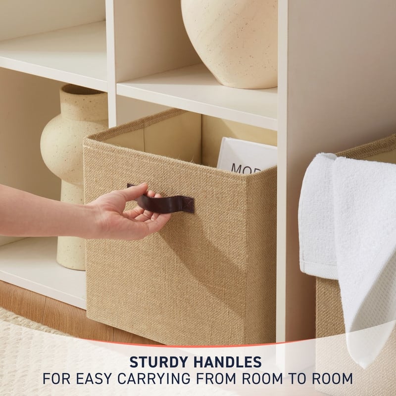 6 Pack Jute Fabric Storage Cube Bin with Faux Leather Handles