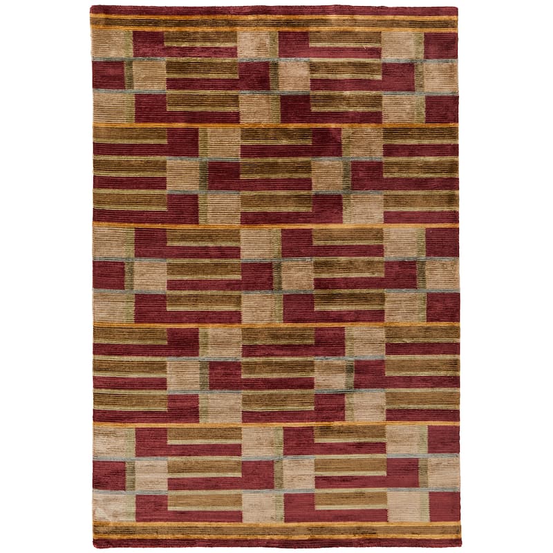 Keystone Hand Knot Striped Rug, Dark Red/Gold, Area Rug - 8'-6" x 11'-6" - Moss Green/Rattan Gold/Garnet Red