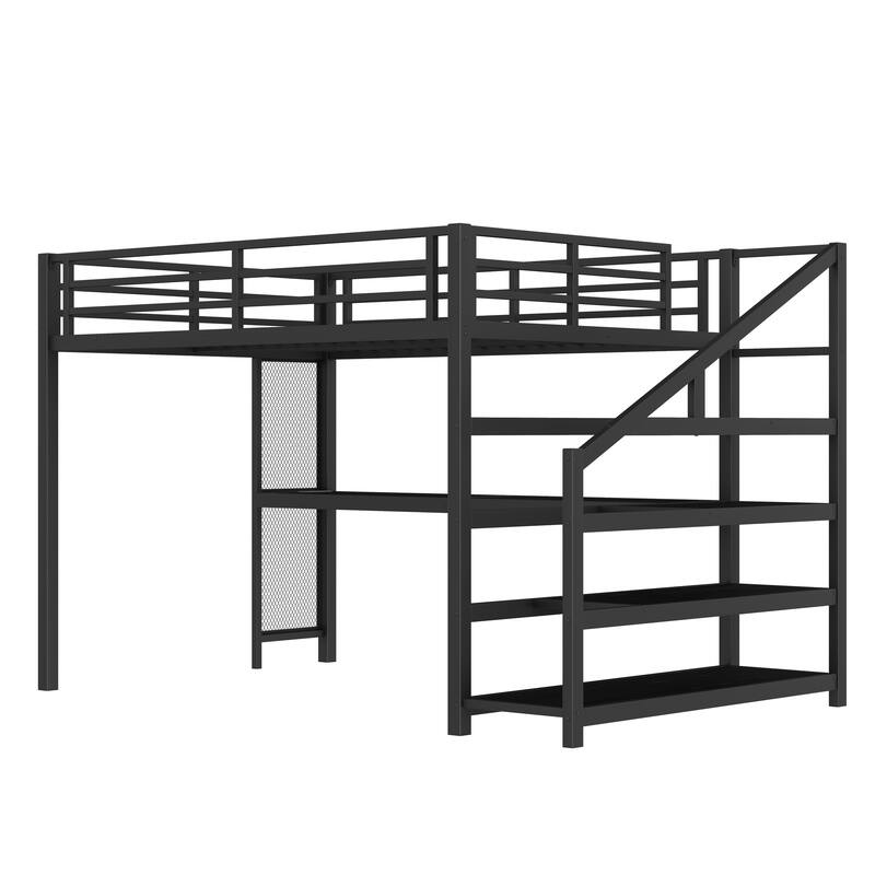 Queen Loft Bed with Desk and Storage Stairs, Metal Loft Beds with LED Lights, USB Ports, Multifunctional Iron Nets,Black