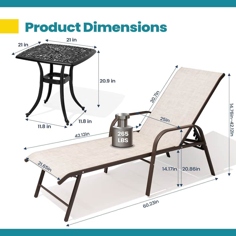 Pellebant Outdoor Patio Lounge Chairs Set Aluminum Adjustable Backrest with Side Table