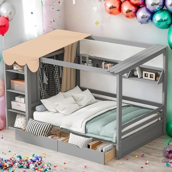 slide 2 of 9, Full size House Bed with Two Drawers and Built-in Wardrobe for Home Grey