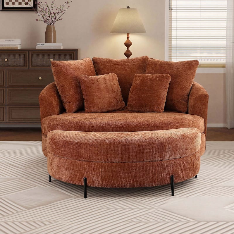 59.8''W Oversized Sofa Chair Set, Round Accent Barrel Chair With 5 Pillows and 1 Storage Ottoman