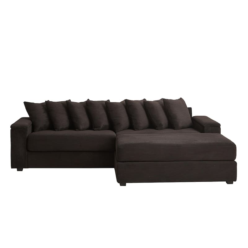 L-shaped Sectional Sofa with Chaise Corduroy Upholstered Couch with Reversible Ottoman, 2 Storage Armrests and 8 Pillows